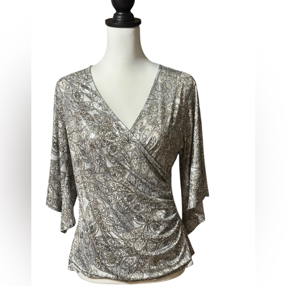Prelude Silver Metallic Patterned V-Neck Faux Wrap Blouse Sz Medium